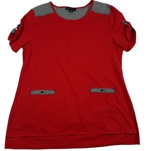 N‎ Touch Shirt Medium Red Gingham Trim Tunic Top Pockets Stretch Grannycore Chic